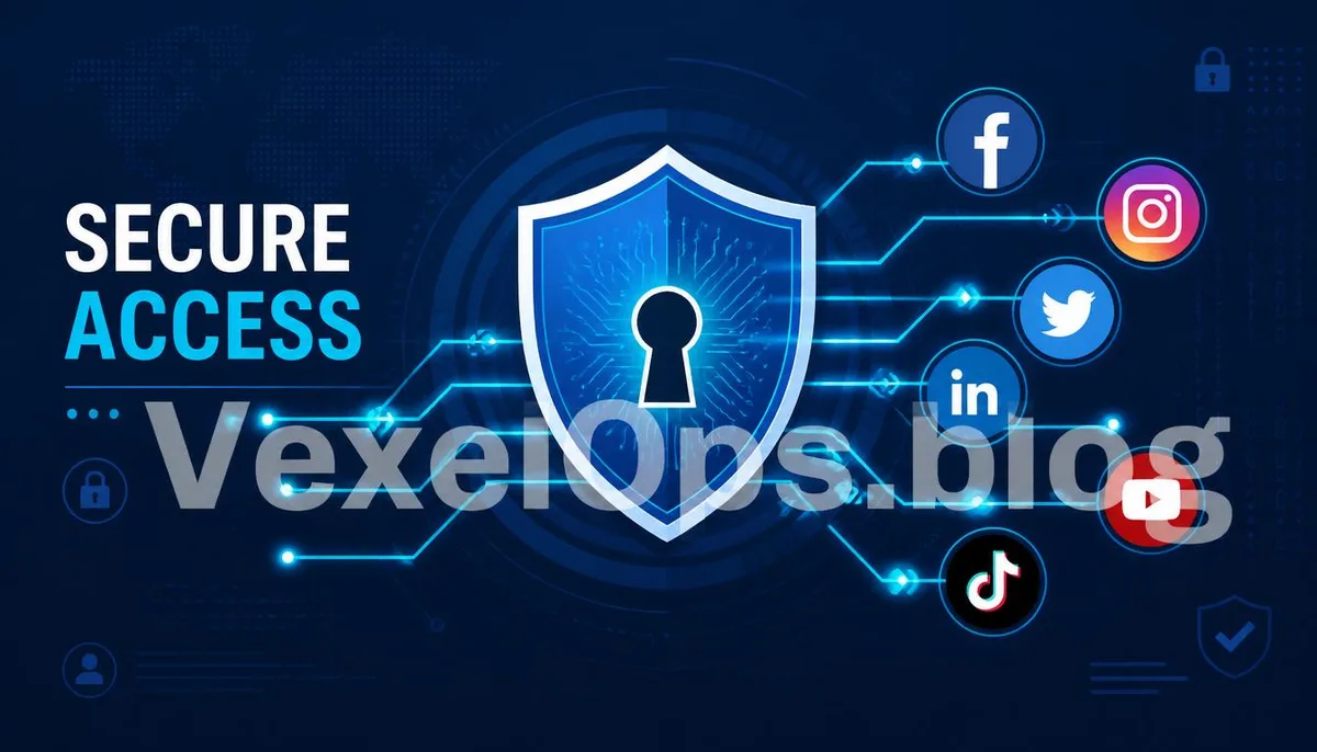 An illustration showcasing a digital shield safeguarding social media account security, featuring the VexelOps brand watermark, conveying a positive hope for account strengthening.