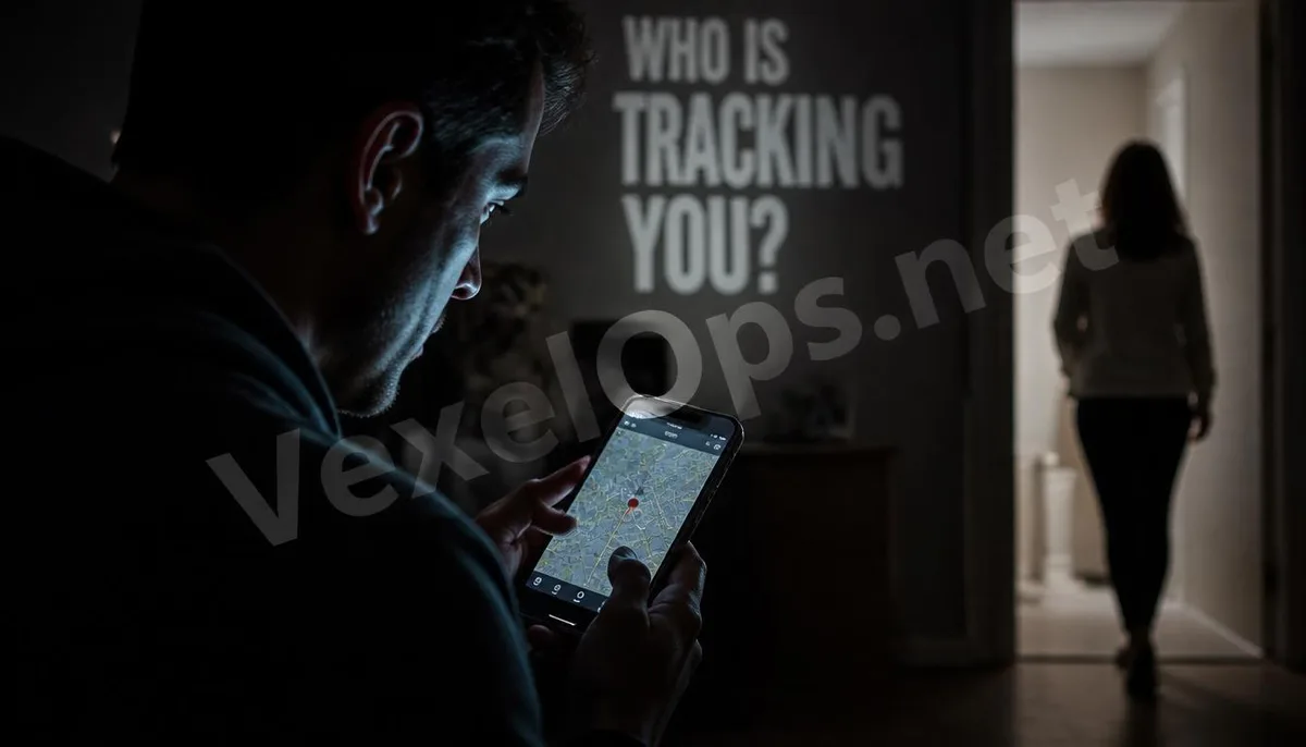 A realistic photograph showcasing a person monitoring another's movements from the shadows, accompanied by a prominent English title and VexelOps watermark, revealing the risks of