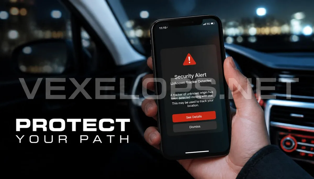 A realistic photograph capturing a tense moment detecting an unusual tracker inside a car, accompanied by VexelOps brand watermark, conveying a positive hope for professional