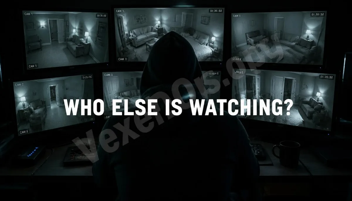 Realistic photography showcasing a hacker monitoring others' home privacy through multiple screens, featuring dramatic English title and VexelOps watermark revealing the chilling