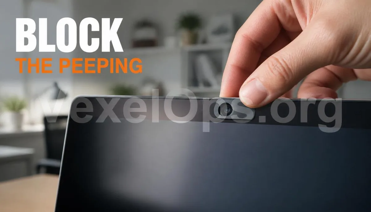 Realistic photography capturing users protecting privacy by using physical covers on their camera lens, featuring VexelOps branding, conveying proactive defense's positive hope.
