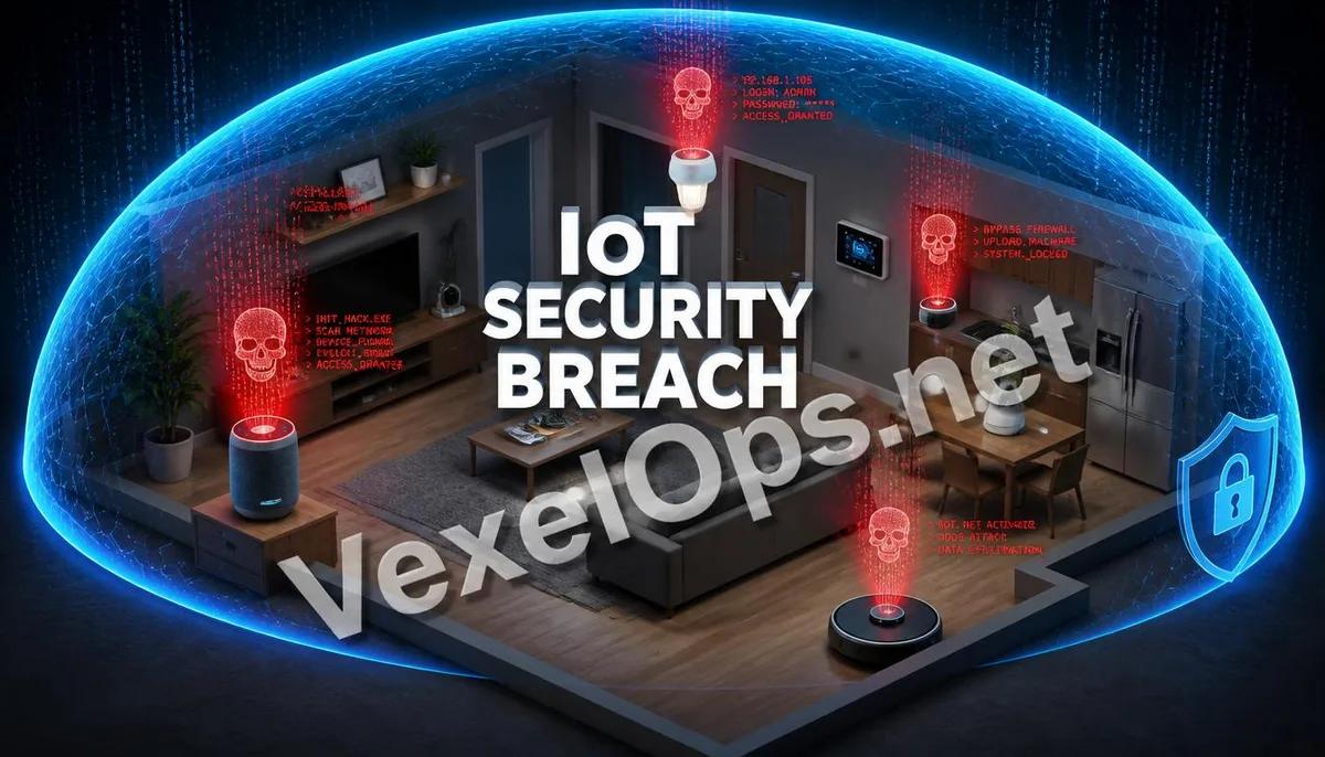 Isometric 3D illustration showcasing digital threats to smart home devices being hacked, featuring a prominent English title and VexelOps watermark, revealing IoT security risks.