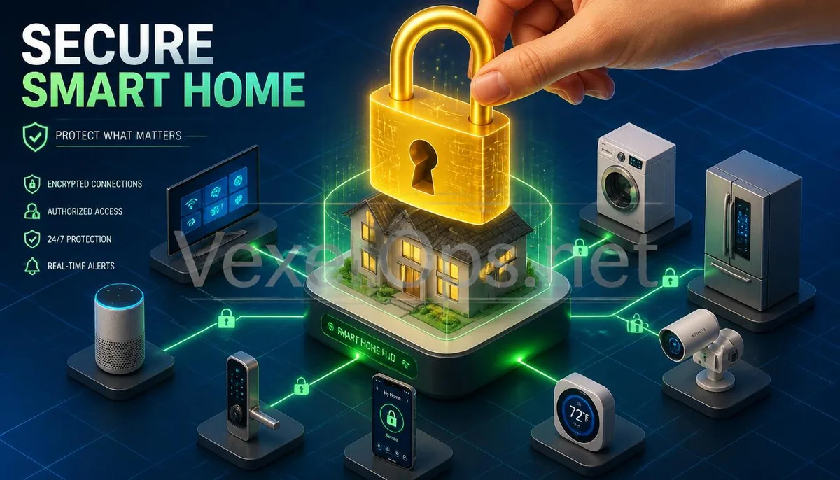 Isometric 3D illustration showcasing a digital lock protecting the core of smart home technology, featuring VexelOps brand watermark, conveying positive hopes for IoT security.