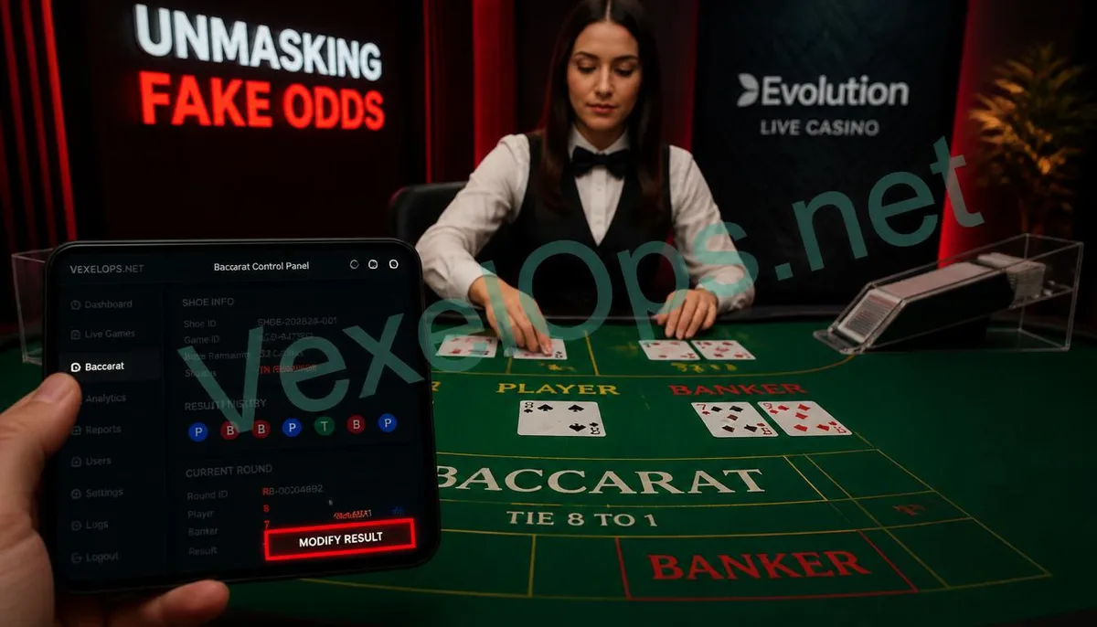 Realistic photography showcasing a Baccarat drawing scene and hidden backend modification features, branded with the VexelOps watermark, revealing the truth behind gambling data