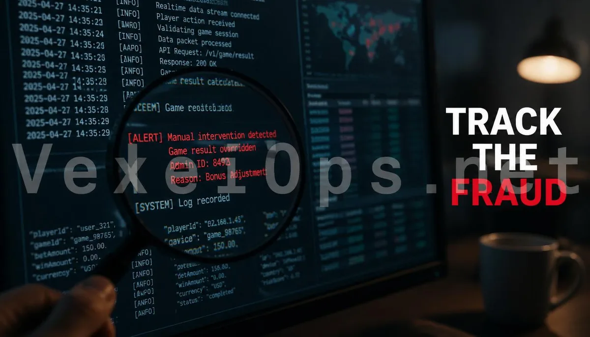 Realistic photography capturing technical details of backend API modification logs in gaming, branded with the VexelOps watermark, conveying a positive hope for financial tracking.