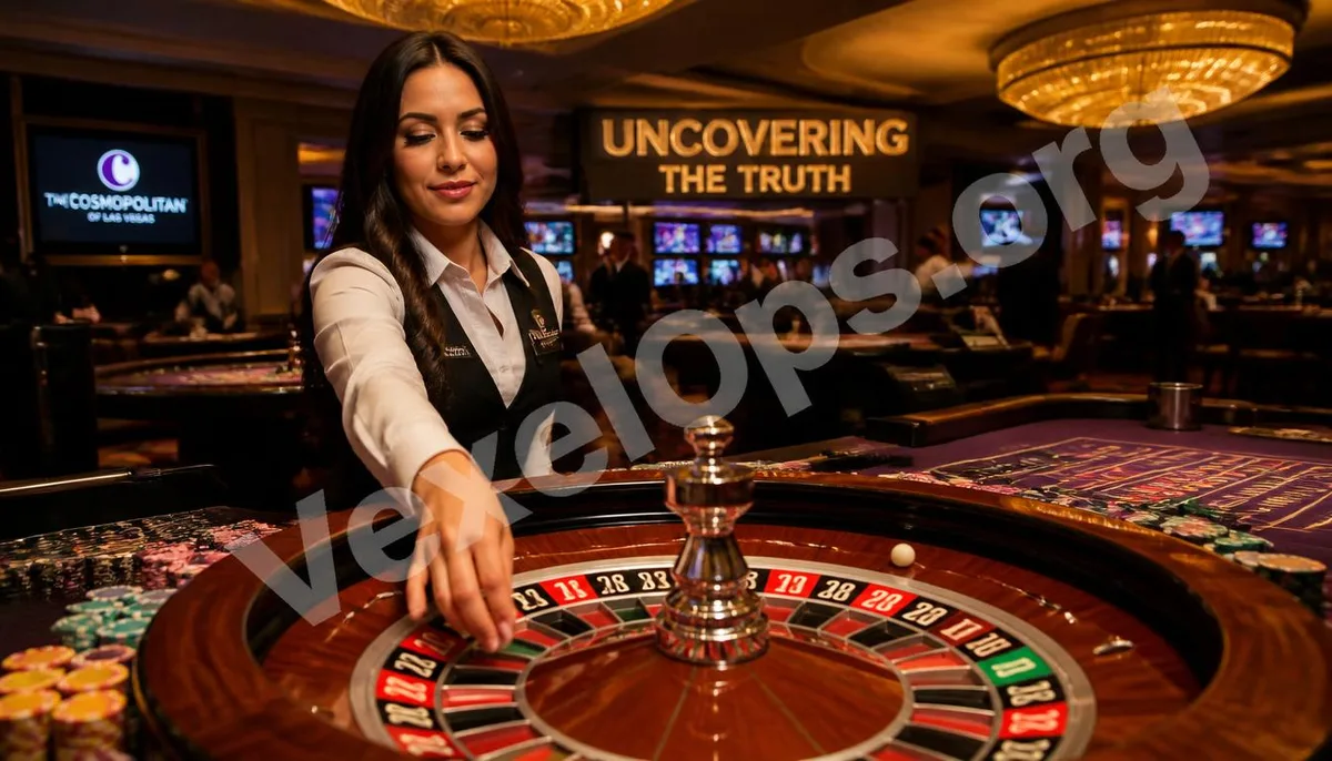 A realistic photograph showcasing a female dealer operating a live roulette table, complete with VexelOps branding, revealing the manipulation risks behind gambling games.