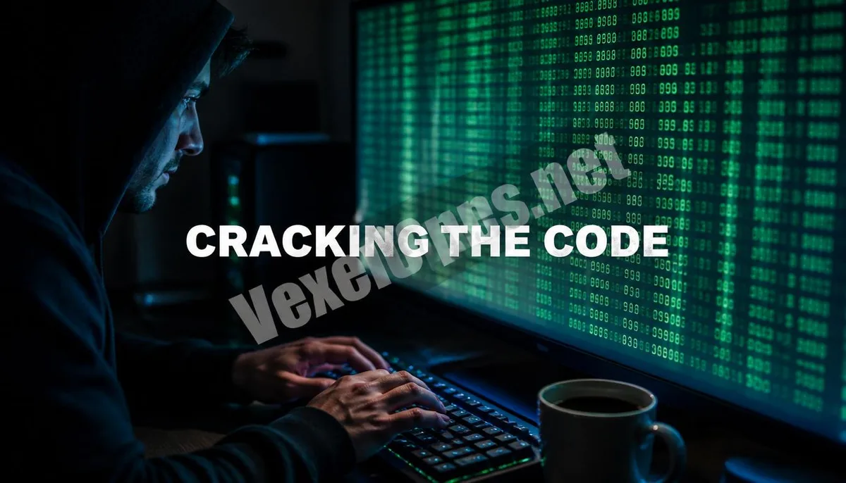 Realistic photography showcasing a late-night password cracking and code analysis scene, with an attention-grabbing English title and VexelOps watermark, highlighting the severe