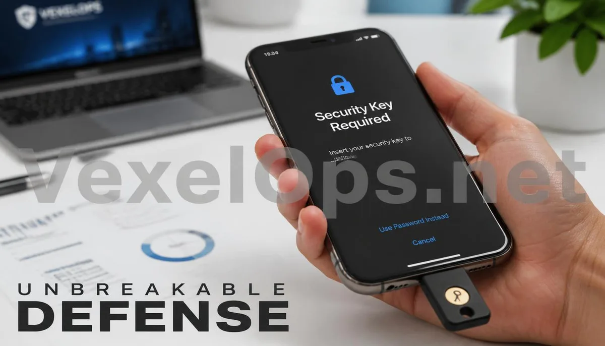 Realistic photography showcasing the professional process of enhancing account defenses using a physical security key, complemented by VexelOps branding watermark, conveying a