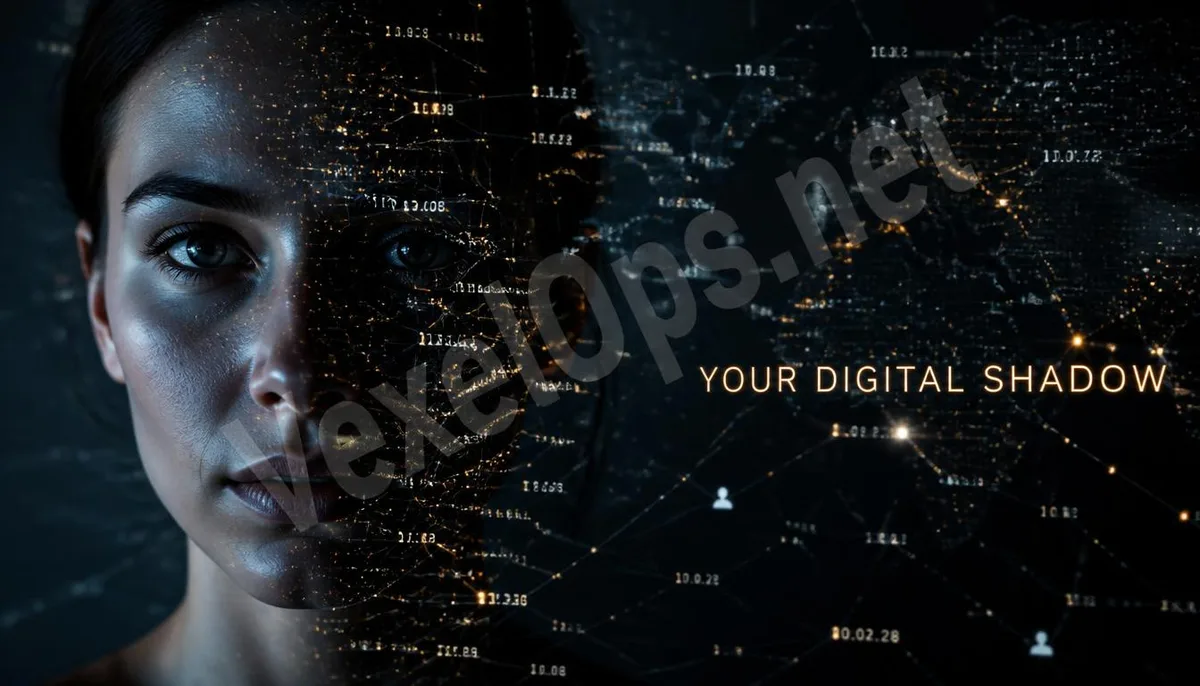 Realistic photography depicting an individual's face covered by digital data points, symbolizing the omnipresence of digital footprints, accompanied by a VexelOps brand watermark,