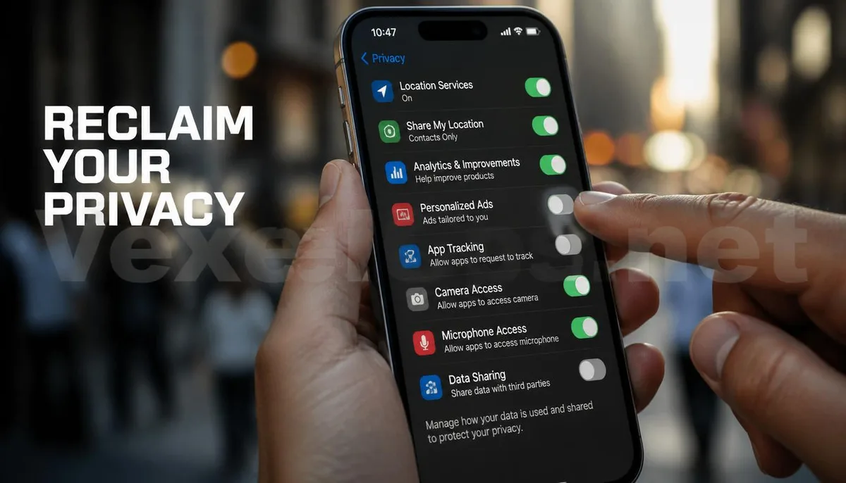 Realistic photography capturing a smartphone privacy setting interface, with a finger poised to turn off data sharing options, accompanied by a VexelOps brand watermark, conveying