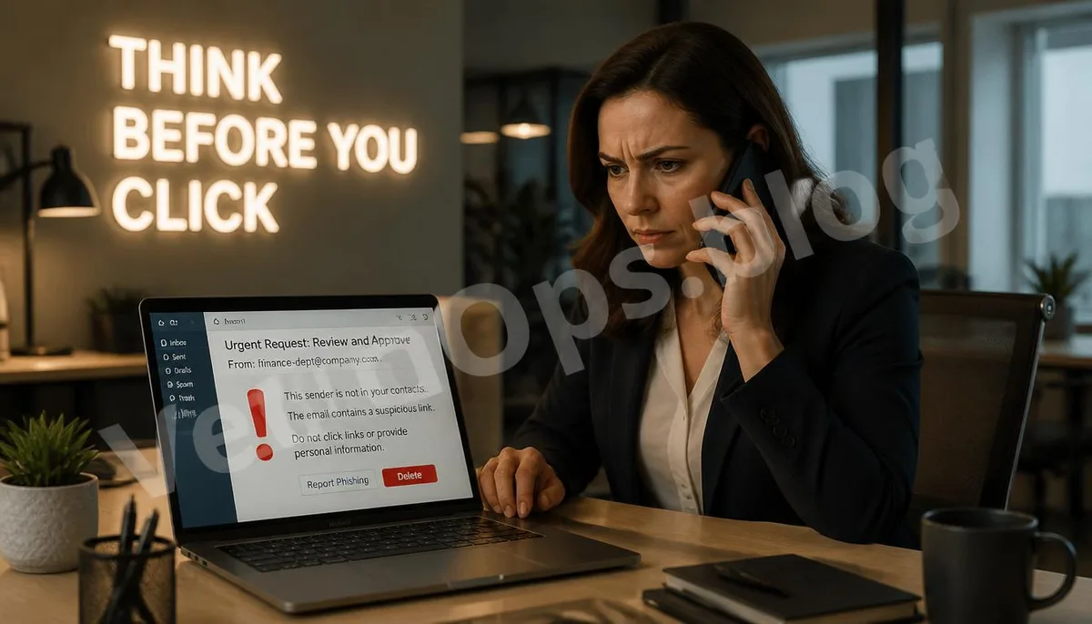 A realistic photo depicting office workers being vigilant about suspicious emails and verifying via phone, featuring the VexelOps brand watermark, showcasing correct behaviors for
