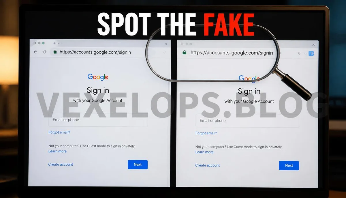 A realistic photo capturing a technical comparison between authentic login pages and phishing pages, featuring the VexelOps brand watermark, conveying the positive educational