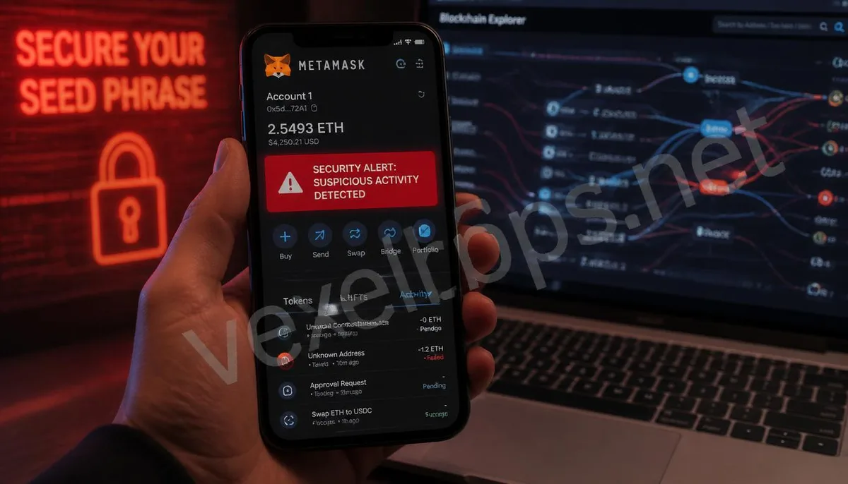 Realistic photography showcasing a mobile wallet interface with security alerts and a blockchain tracking backdrop, embedded with VexelOps branding, exposing technical threats of