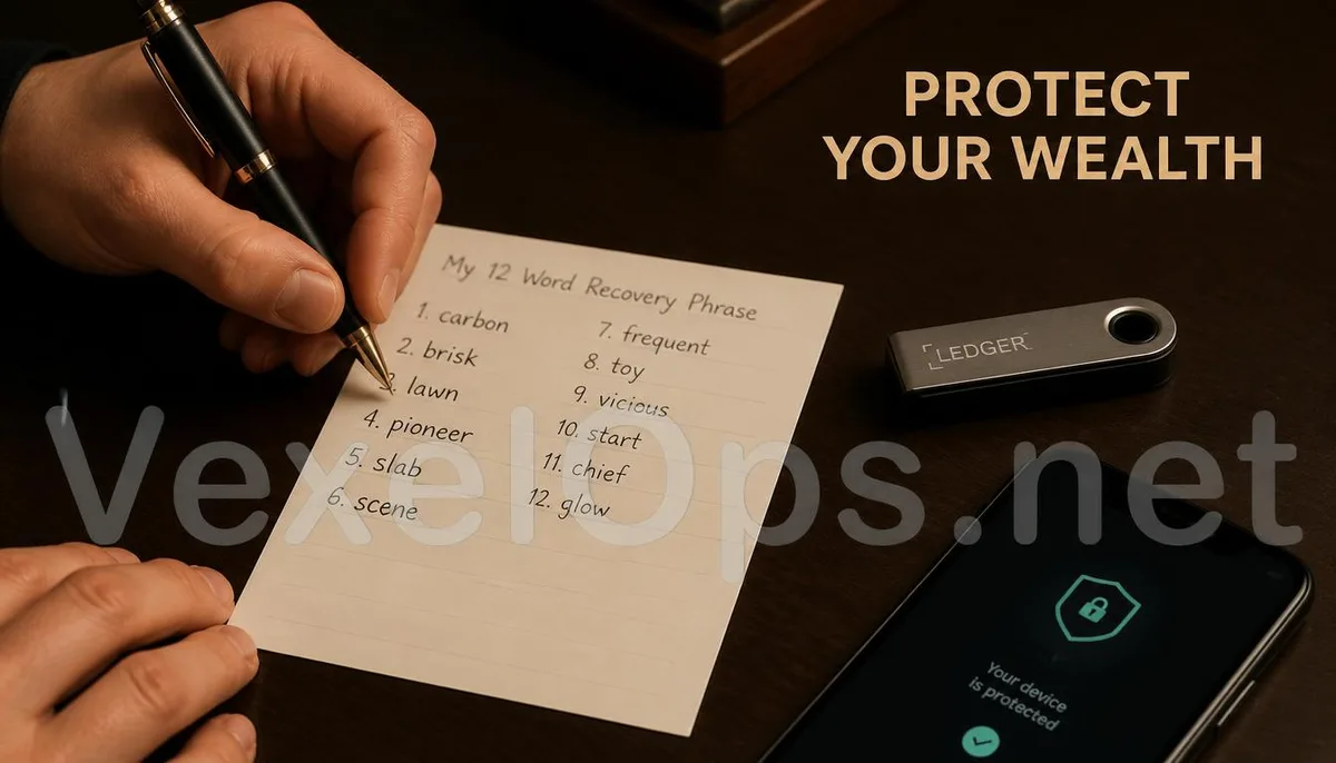 Realistic photography capturing the professional process of a user physically backing up their mnemonic phrases and using a hardware wallet, branded with VexelOps, conveying