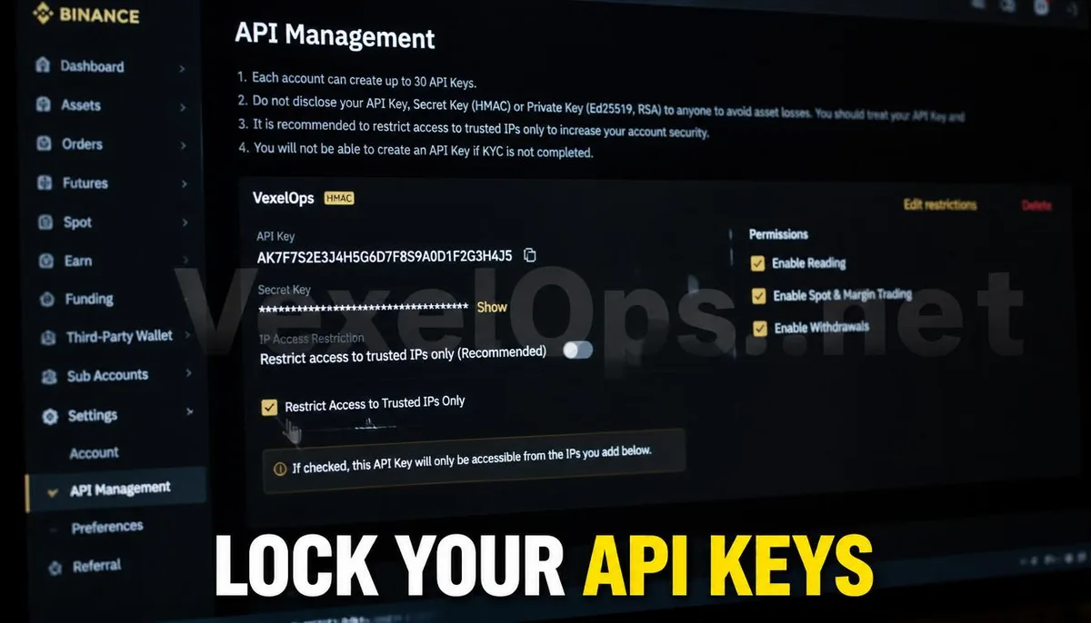 Realistic photography capturing the professional process of users setting API permissions and IP whitelisting in an exchange, featuring VexelOps brand watermark, conveying