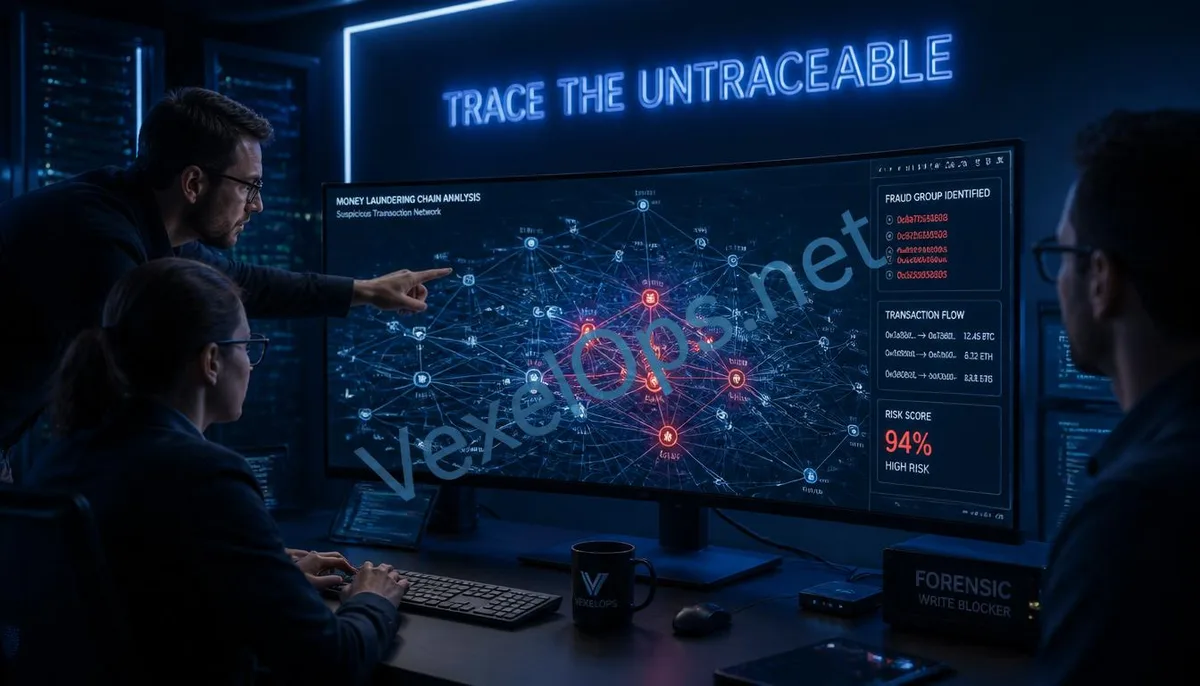 Realistic photography showcasing a professional digital forensics lab conducting fund flow modeling analysis, featuring VexelOps branding, revealing the technological depth of
