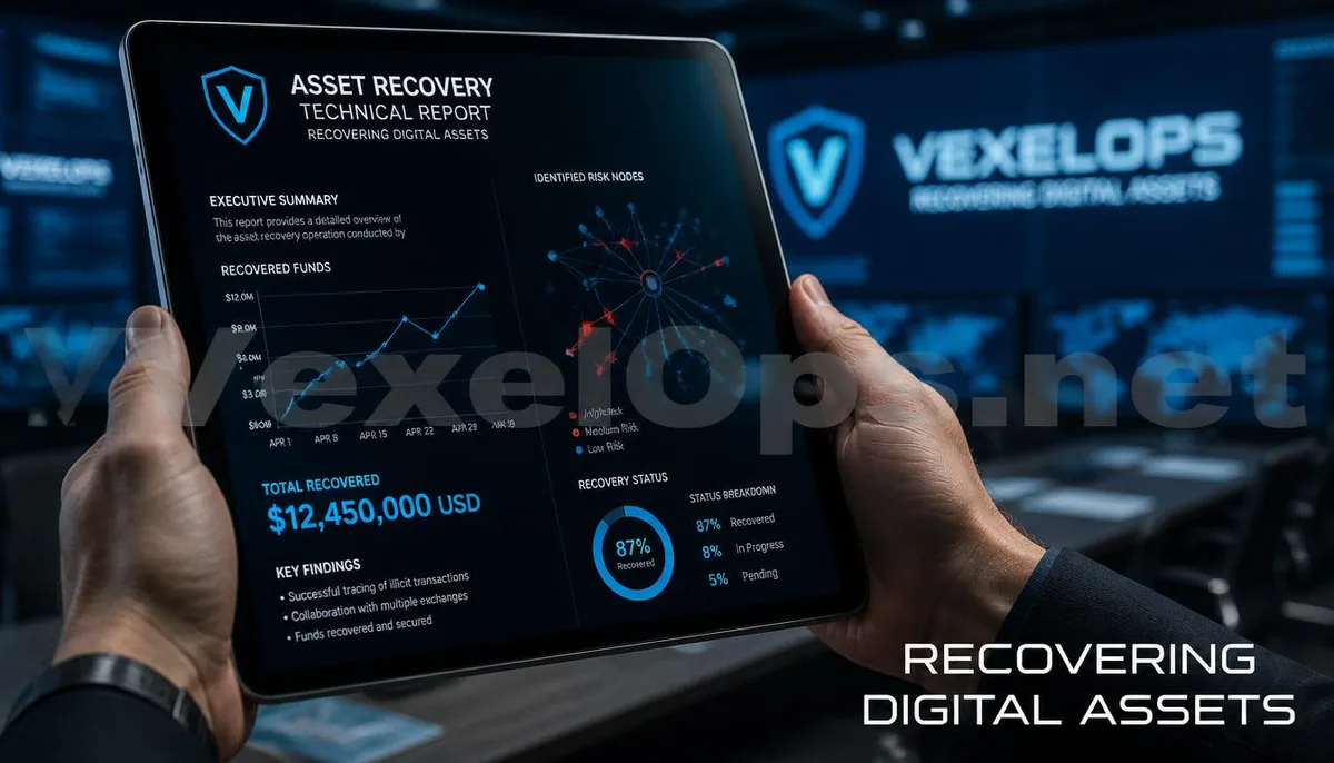 Realistic photography capturing an analyst presenting a professional asset tracking report, complete with VexelOps branding, conveying positive hope and technical strength in