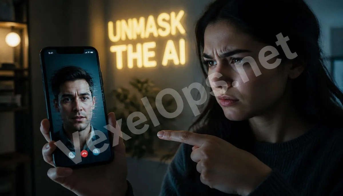 Realistic photography showing a user identifying AI face-swap scams during a video call, featuring VexelOps branding, highlighting the criminal application risks of deepfake
