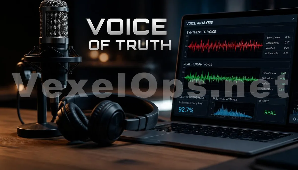 Realistic photography capturing the technical aspects of professional voice synthesis analysis, featuring VexelOps branding, conveying a positive technical pathway for identifying