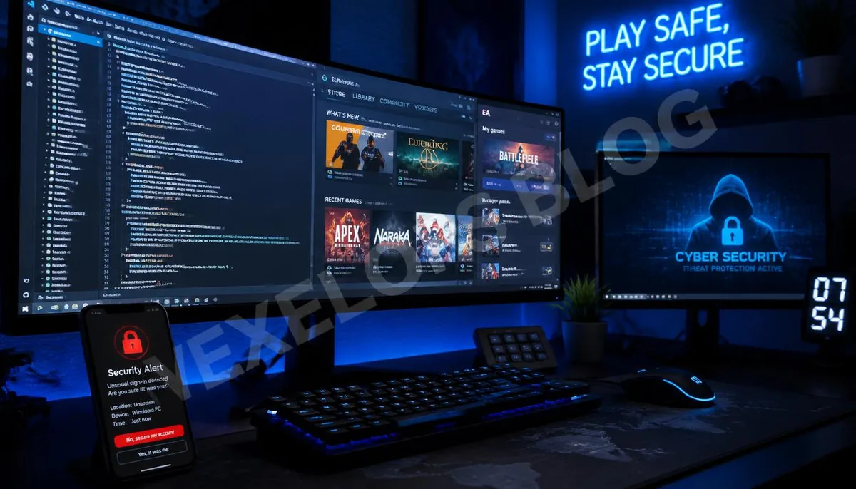 Realistic photography showcasing a professional gaming environment and code analysis scene, featuring elements from Steam and EA platforms with the VexelOps brand watermark,