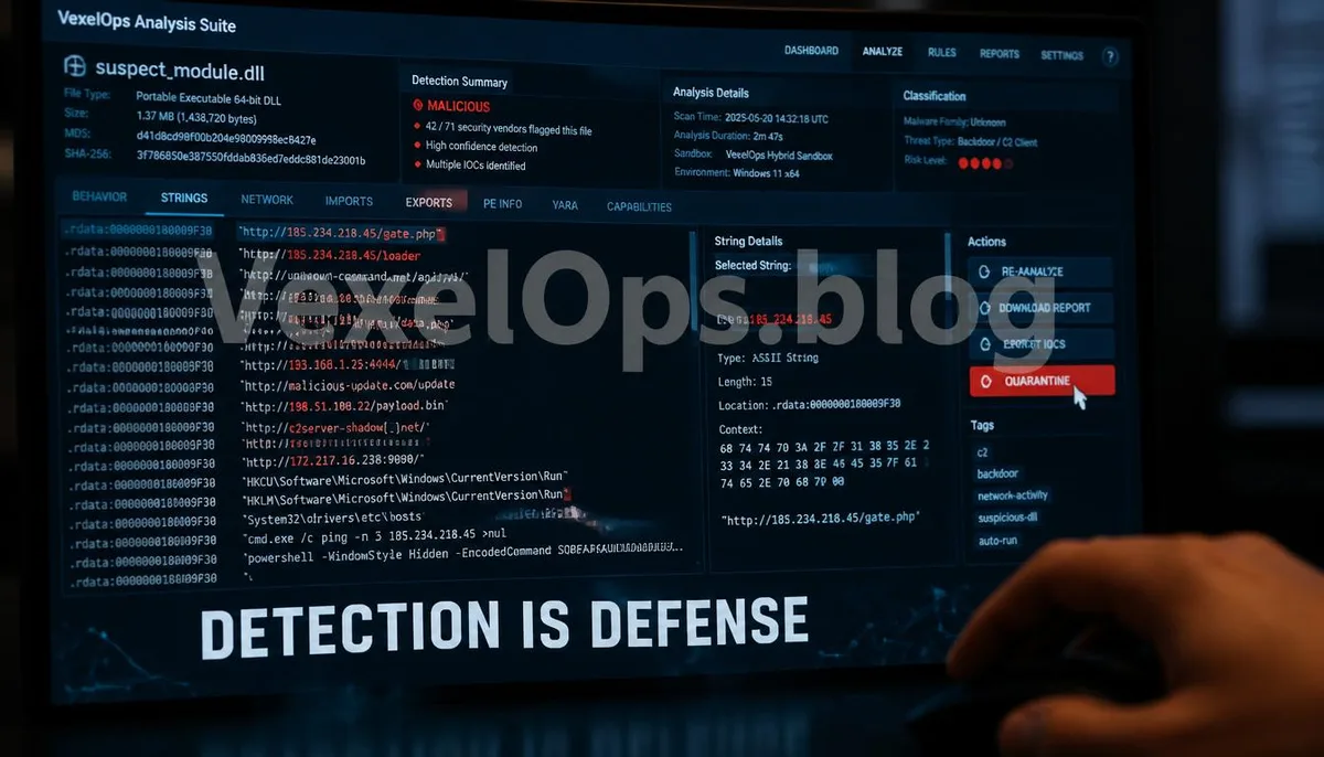 Realistic photography capturing the technical process of malicious code analysis on suspicious gaming assistance files, featuring the VexelOps brand watermark, conveying positive