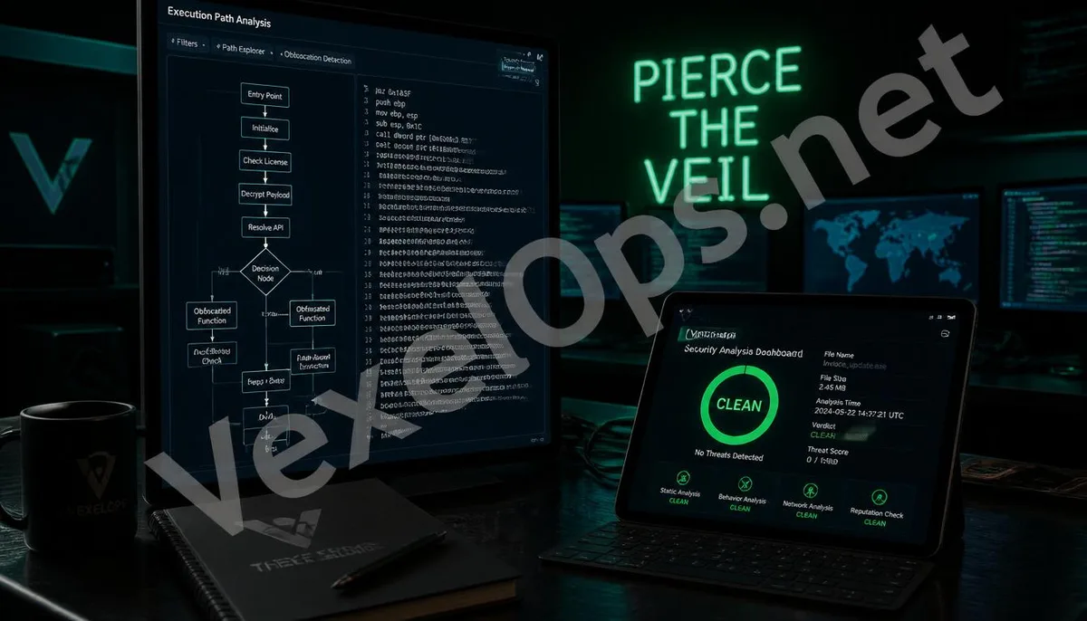 A realistic photo depicting a professional cybersecurity analyst conducting flow analysis on obfuscated code, featuring a VexelOps brand watermark that reveals the complexity of