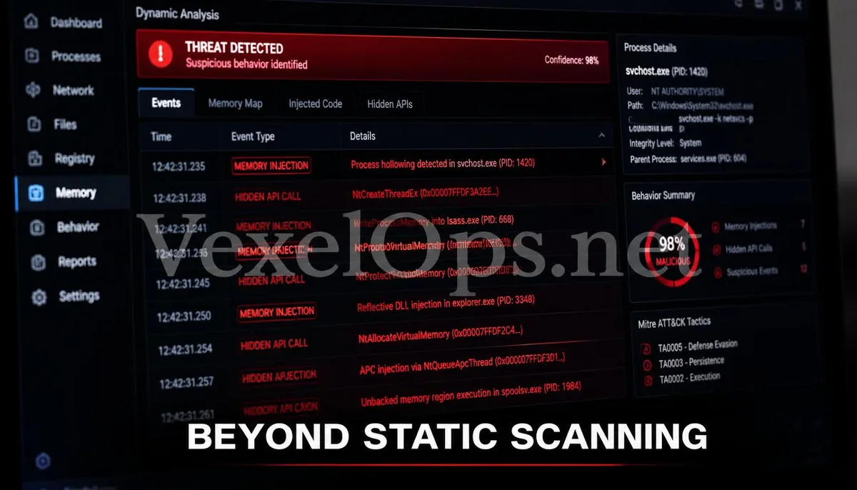 A realistic photo capturing the technical scene of a dynamic behavior monitoring tool successfully intercepting concealed threats, featuring a VexelOps brand watermark, conveying