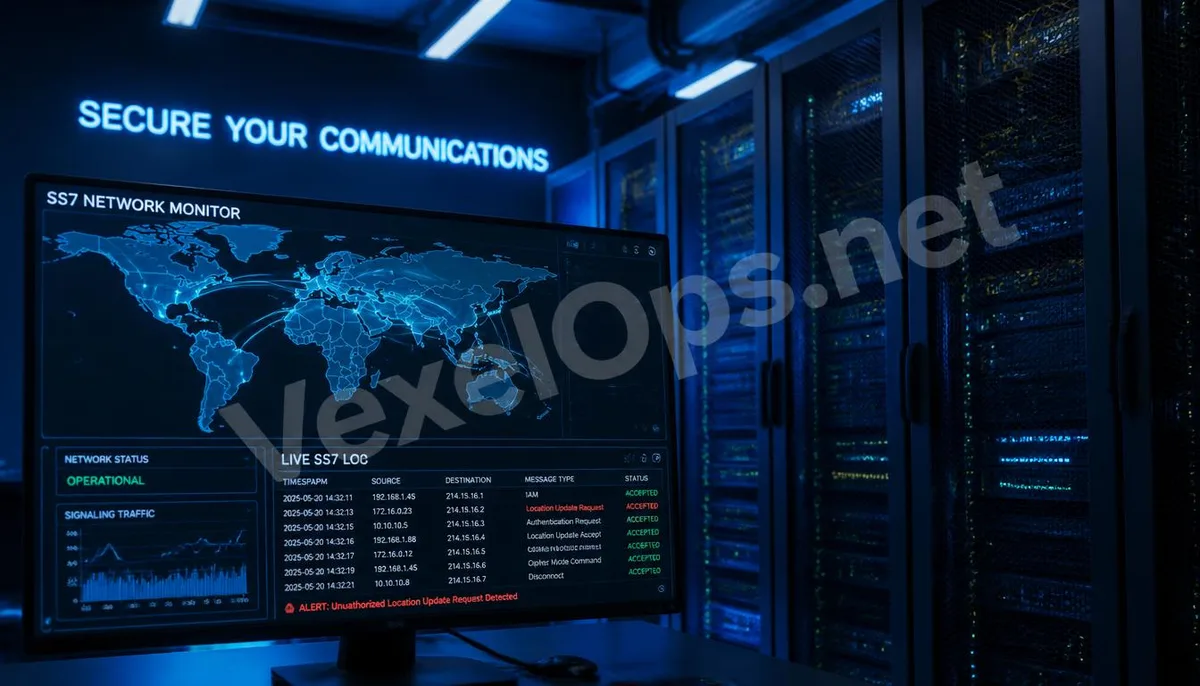 Realistic photography showcases global telecom data centers and SS7 network monitoring visuals, paired with the VexelOps brand watermark, revealing the underlying threats of SMS