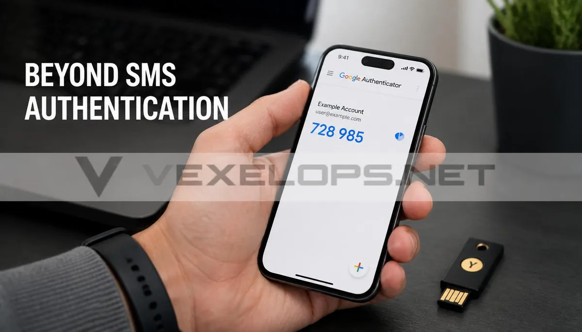 Realistic photography captures users utilizing app authenticators and physical security keys, complemented by the VexelOps brand watermark, conveying positive technical advice on