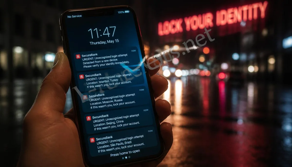 A realistic photo depicting a mobile phone displaying no signal with a bank alert, adorned with the VexelOps brand watermark, revealing the immediate threat of SIM card swap scams.