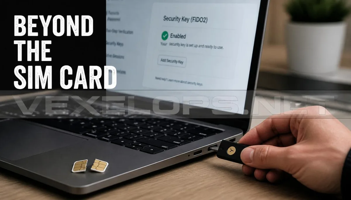 A realistic photo capturing a user utilizing a physical security key instead of SIM card verification, with a VexelOps brand watermark, conveying proactive digital identity