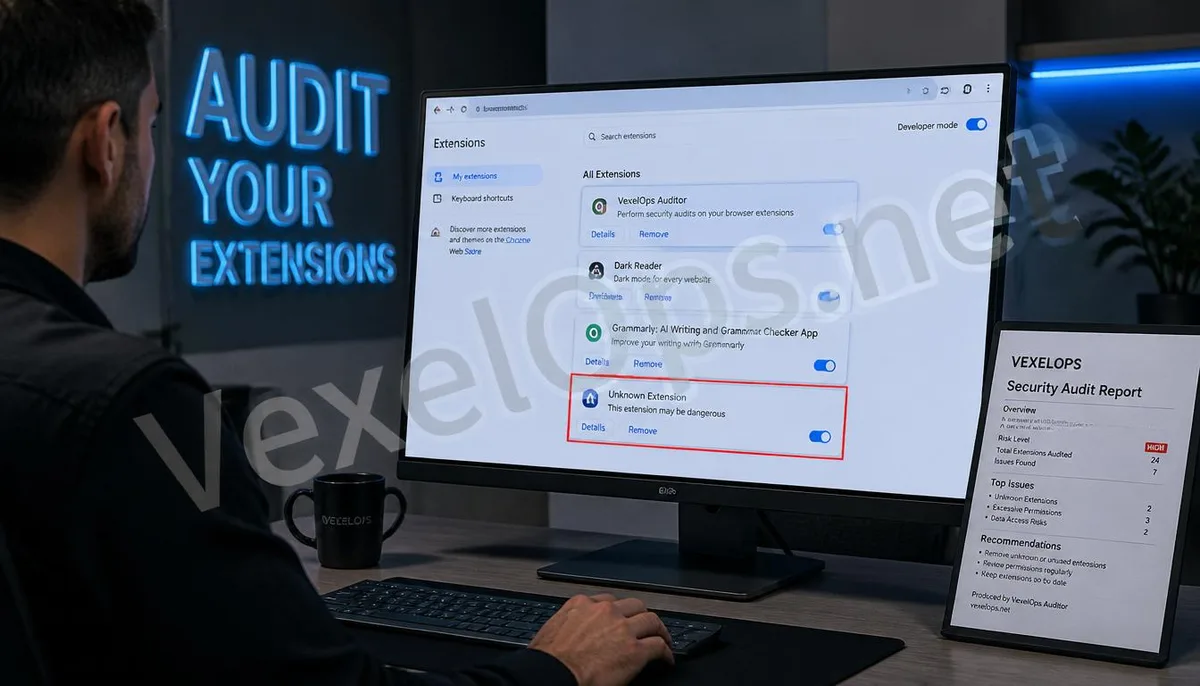 Realistic photography depicting a user auditing extensions in a browser, featuring the VexelOps brand watermark, revealing the invisible threats that malicious plugins pose to