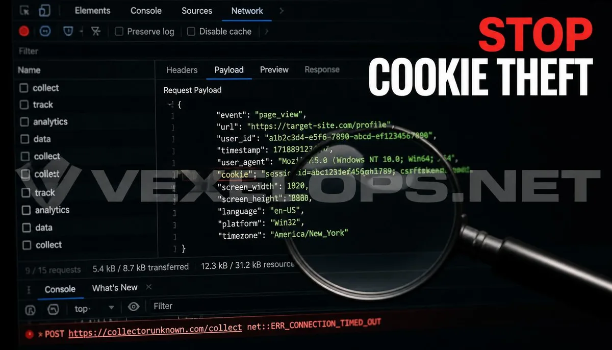 Realistic photography capturing the technical scene of malicious plugins stealing cookies in the background, featuring the VexelOps brand watermark and conveying positive