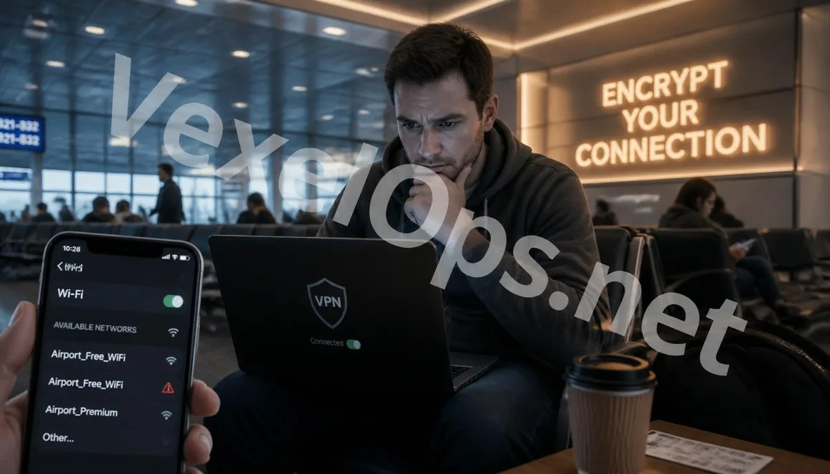 Realistic photography showing a user identifying a fake Wi-Fi at the airport and activating encryption protection, with VexelOps branding, highlighting the potential risks of