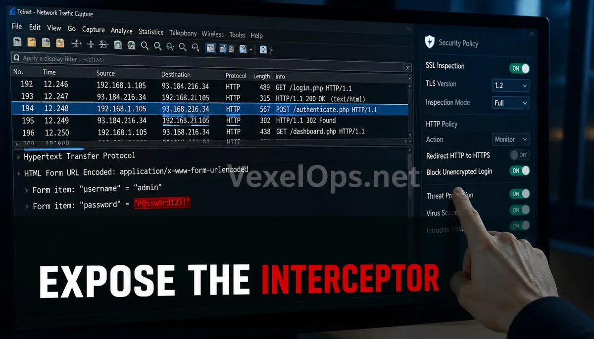 Realistic photography capturing a traffic analysis tool detecting plaintext password leaks with VexelOps branding, conveying positive technical advice to enhance network