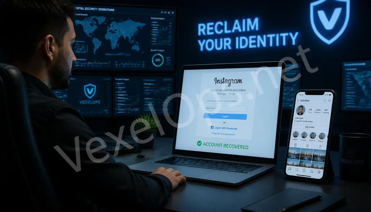 Photography depicting a professional cybersecurity team's successful recovery of an Instagram account, featuring the VexelOps brand logo, conveying expertise and hope in digital
