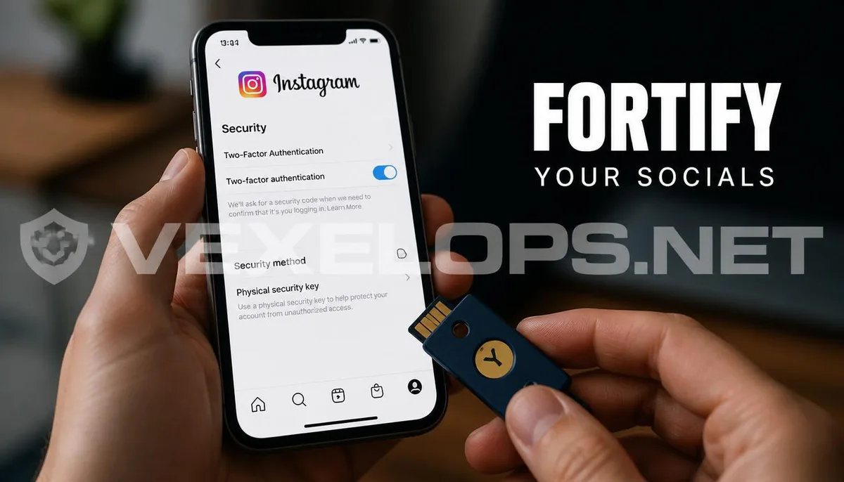 プロフェッショナルなプロセスを捕らえた写真で、ユーザーが Instagram アカウントにハードウェアのレベルでのセキュリティ認証設定を行っています。VexelOps ブランドのウォーターマークが付いています。