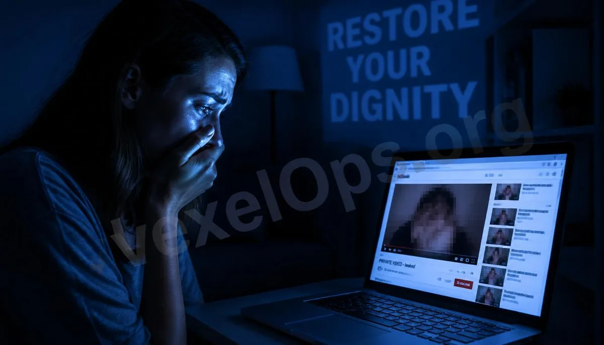 Realistic photography capturing the shock of a victim discovering the leak of their private videos, with content blurred and a VexelOps watermark emphasizing the urgency of
