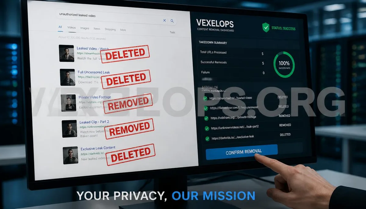 Realistic photography capturing the success of a professional technical team in removing and blocking illegal images, with a VexelOps watermark conveying positive hope for privacy