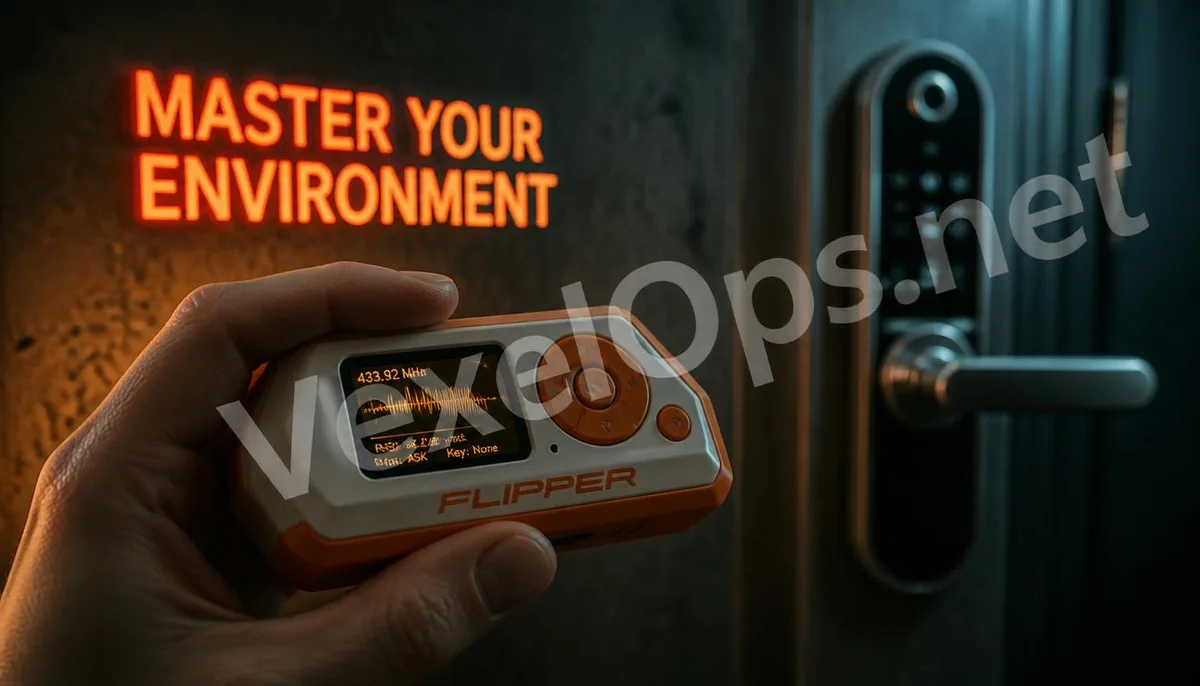 Realistic photography showcasing a technician using Flipper Zero for radio signal analysis, featuring VexelOps branding, revealing the technical potential of hardware hacking
