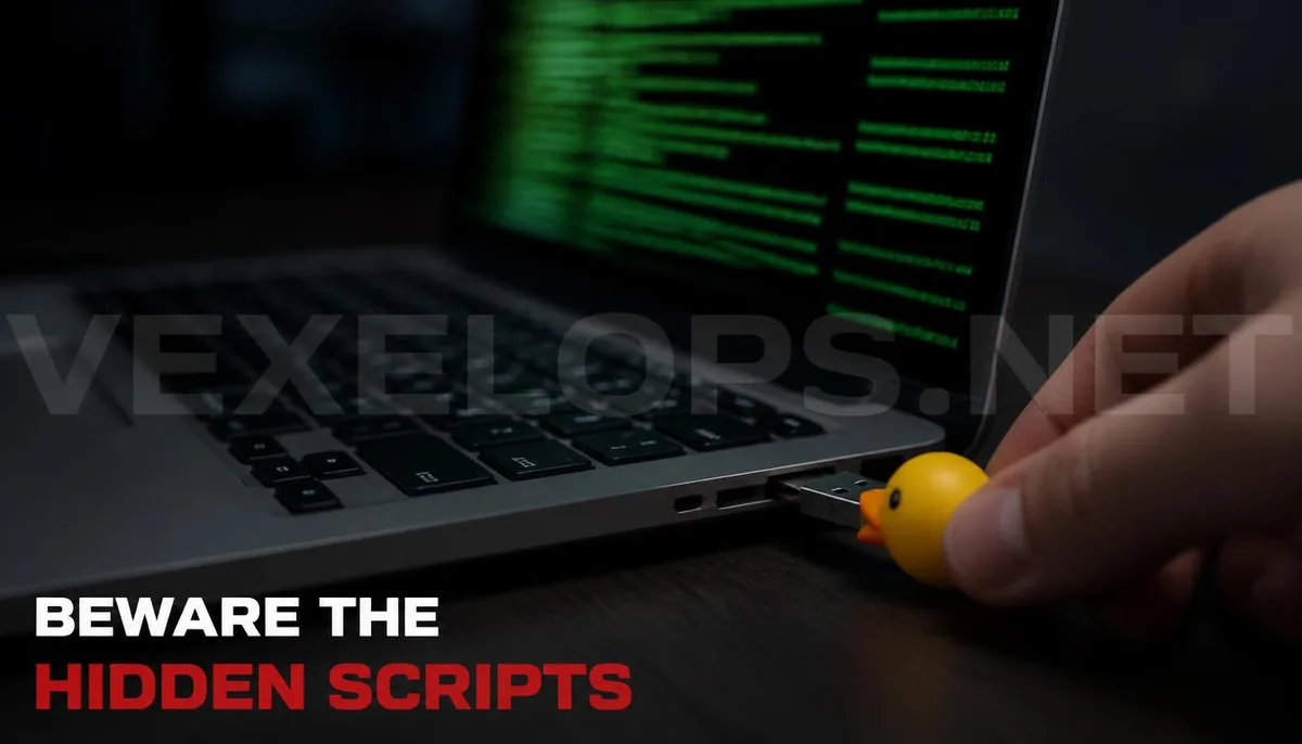 Realistic photography capturing the technical scene of BadUSB device executing scripts automatically upon insertion into a computer, featuring VexelOps branding, conveying