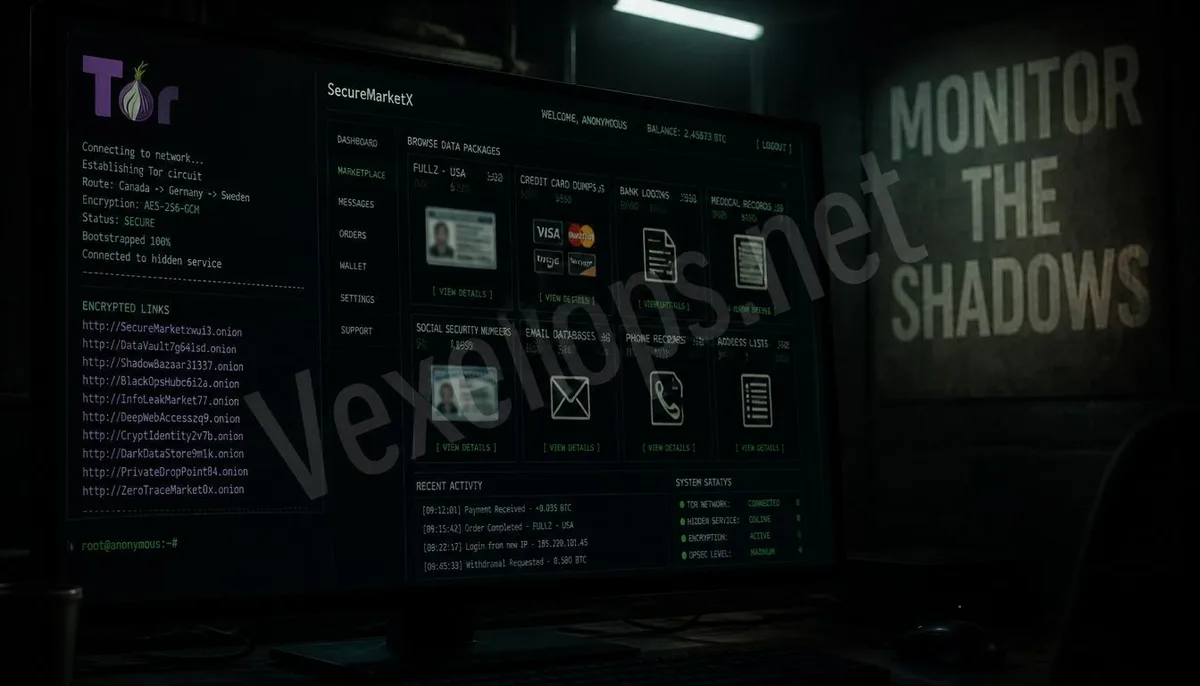 Realistic photography showcasing the dark web browsing interface and the technological landscape of the digital black market, branded with the VexelOps watermark, revealing the