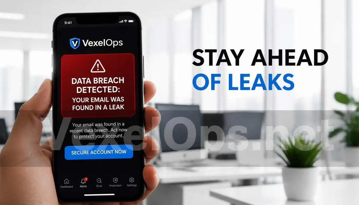 Realistic photography capturing the scene of a phone receiving a data breach alert notification, branded with the VexelOps watermark, delivering proactive monitoring and timely