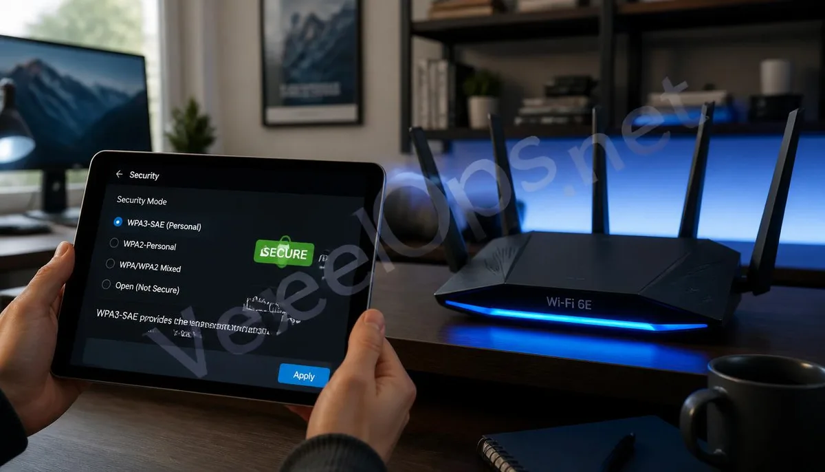 Realistic photography showing users configuring WPA3 encryption protocol on their router, with VexelOps brand watermark, revealing the process of reinforcing wireless network