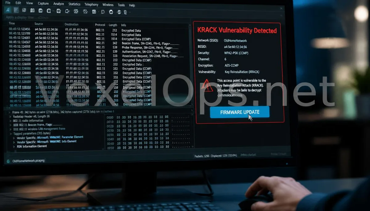 Fotografía realista que captura herramientas de análisis de tráfico detectando vulnerabilidades del protocolo WPA2 y realizando actualizaciones de firmware, con marca VexelOps