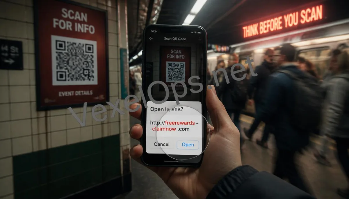 A realistic photograph depicts a user identifying malicious QR Code redirection links in a public setting, with the VexelOps brand watermark, highlighting the potential risks of