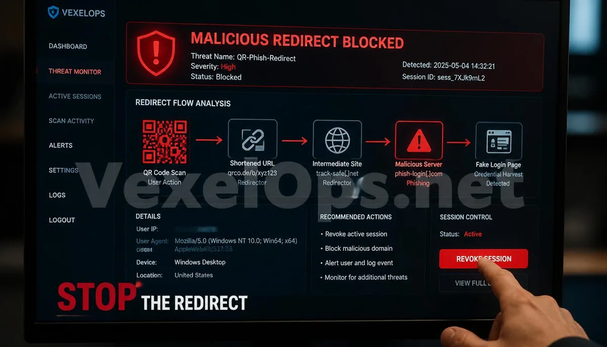A realistic photograph captures the technical moment of a cybersecurity system successfully intercepting a malicious QR Code redirection, with the VexelOps brand watermark,