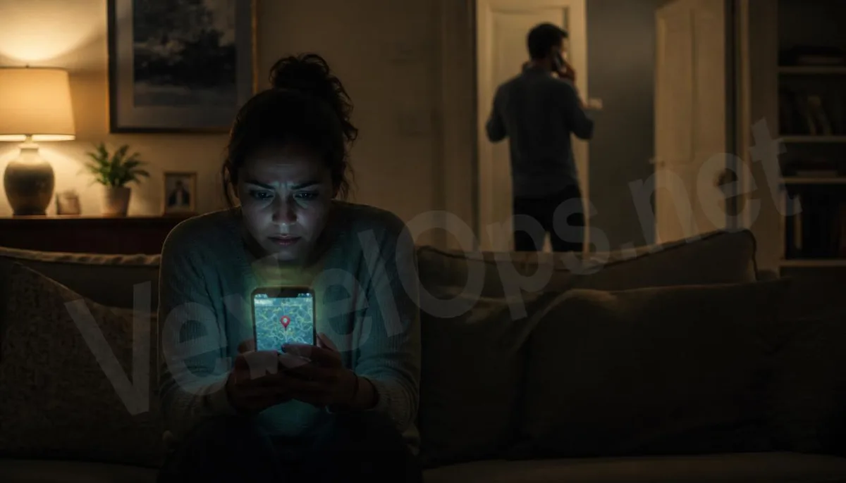 A realistic photograph depicting a wife anxiously checking her husband's location in the living room, while her husband is mysteriously on the phone in the background, adorned