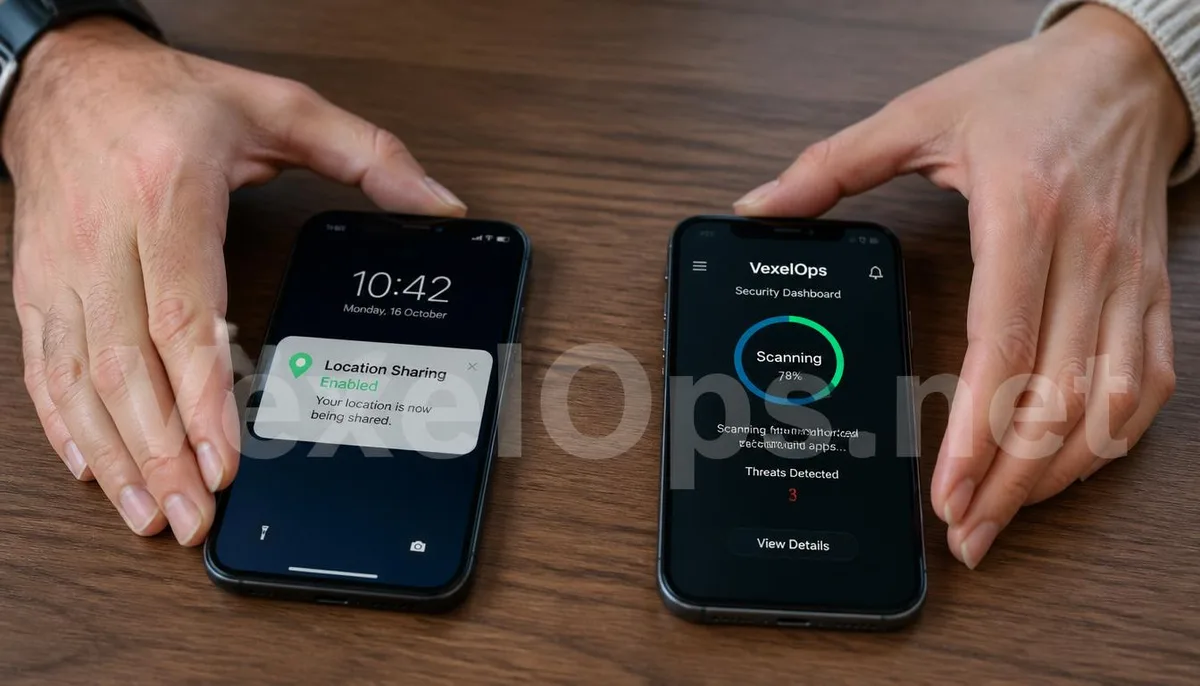 A realistic photograph capturing both spouses' phones on the table, showcasing the coexistence of location sharing and security auditing, adorned with the VexelOps brand watermark,