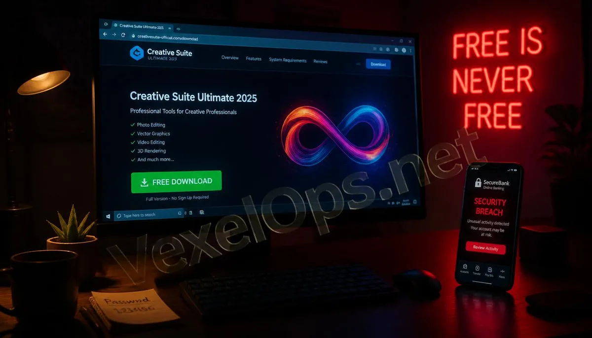 A realistic depiction of a user encountering a bank security warning after downloading cracked software, featuring the VexelOps brand watermark, revealing the digital risks behind